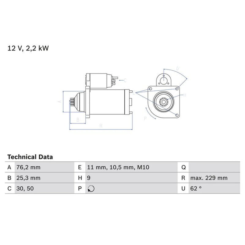 Bosch Starter Motor 12V 2.2kW 9 Teeth 0 986 024 050