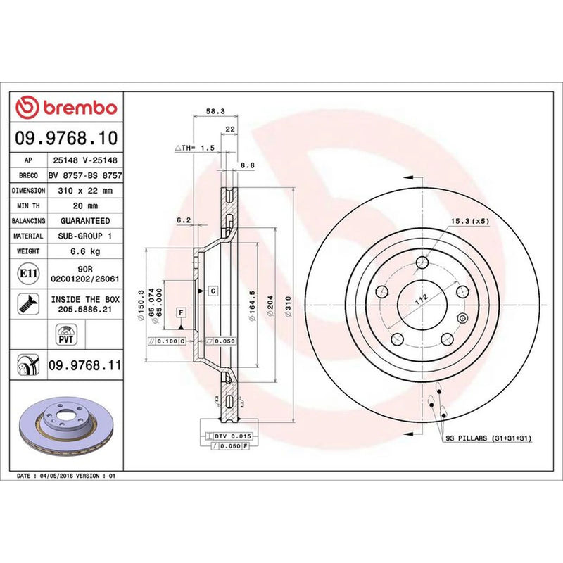 Brembo 2 x Internally Vented Rear Brake Discs 09.9768.11