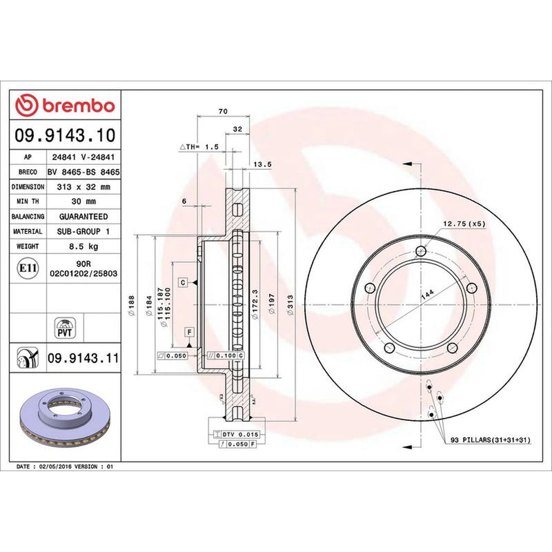 Brembo 2 x Internally Vented Front Brake Discs 09.9143.11
