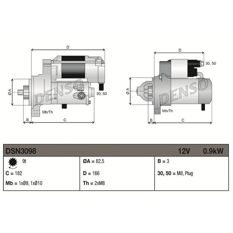 Denso Starter Motor 12V 0.9kW 9 Teeth DSN3098