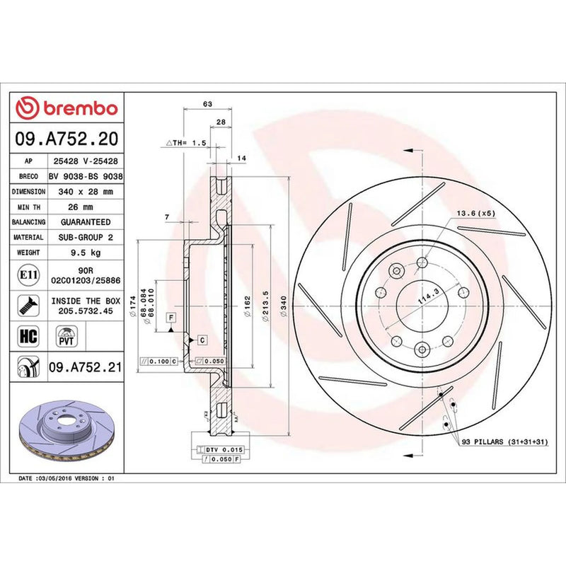 Brembo 2 x Slotted Front Brake Discs 09.A752.21