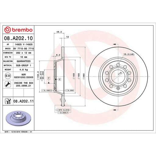 Brembo 2 x Solid Rear Brake Discs 08.A202.11