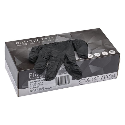 Draper Nitrile Gloves, Large, Black (Pack of 100) 31035 Draper  - Town Parts