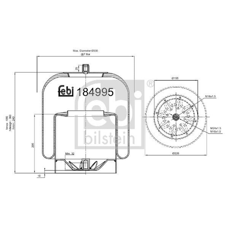 Febi Air Suspension Bellow 335mm Rear 184995