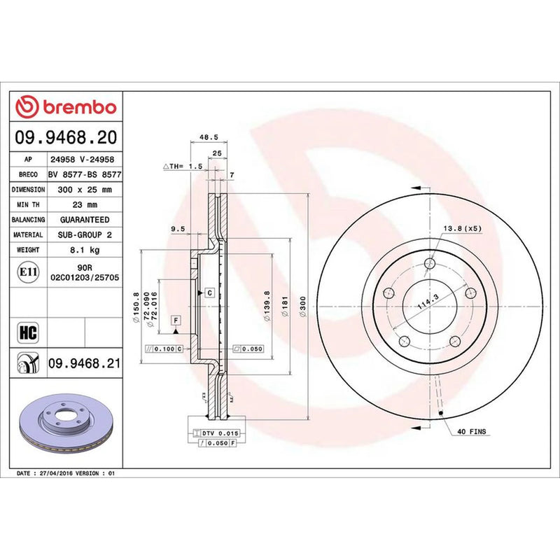 Brembo 2 x Internally Vented Front Brake Discs 09.9468.21