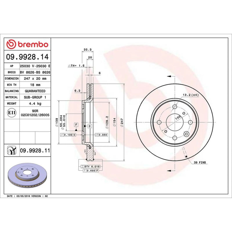Brembo 2 x Internally Vented Front Brake Discs 09.9928.11