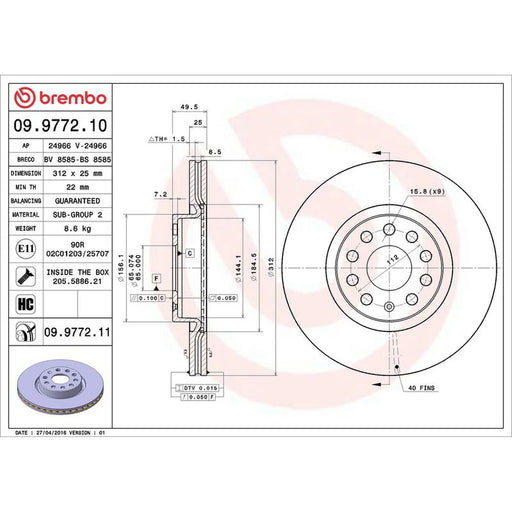 Brembo 2 x Internally Vented Front Brake Discs 09.9772.11