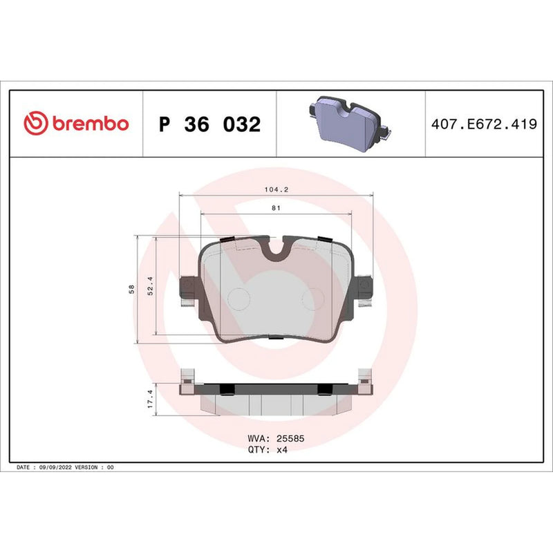Brembo 4 x Rear Brake Pad Set P36032