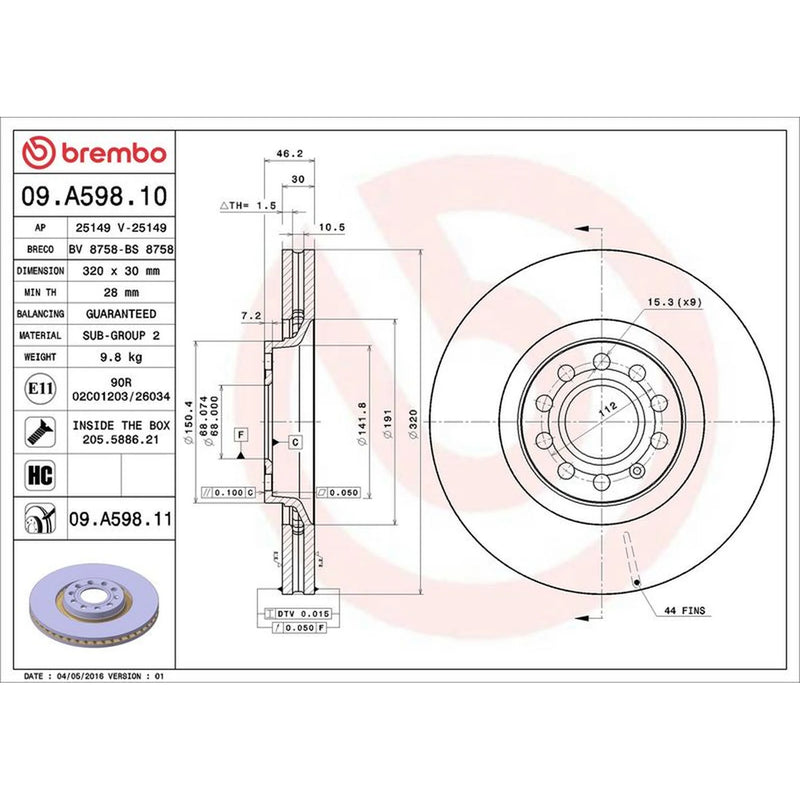 Brembo 2 x Internally Vented Front Brake Discs 09.A598.11