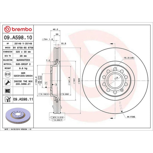 Brembo 2 x Internally Vented Front Brake Discs 09.A598.11