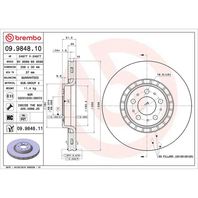 Brembo 2 x Internally Vented Front Brake Discs 09.9848.11
