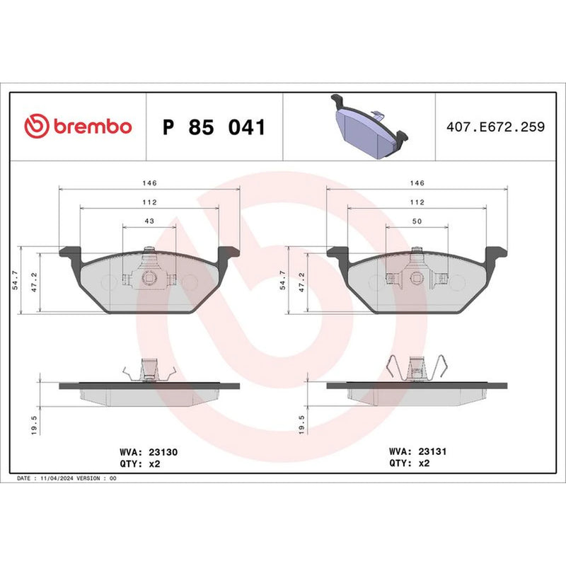 Brembo 4 x Front Brake Pad Set P85041X