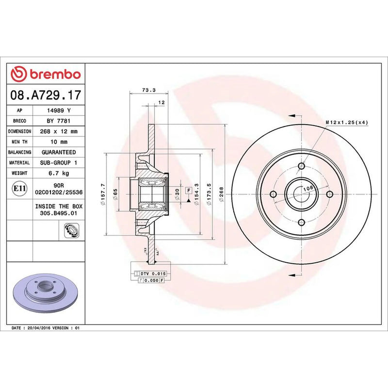 Brembo 2 x Solid Rear Brake Discs 08.A729.17