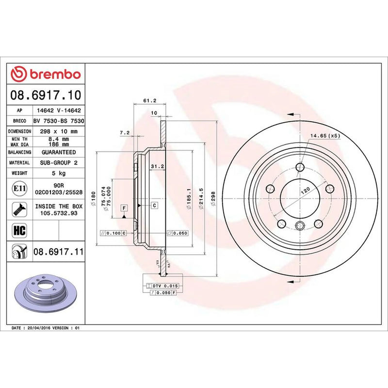 Brembo 2 x Solid Rear Brake Discs 08.6917.11