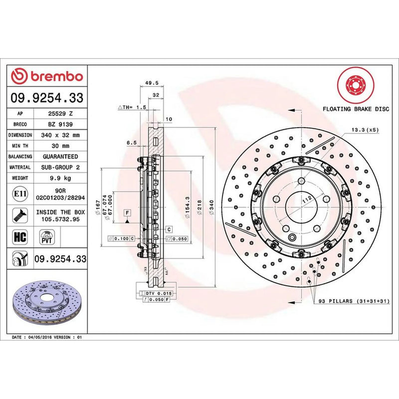 Brembo 2 x Aluminium Front Brake Disc Hub Brake Discs 09.9254.33