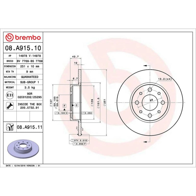 Brembo 2 x Solid Rear Brake Discs 08.A915.11