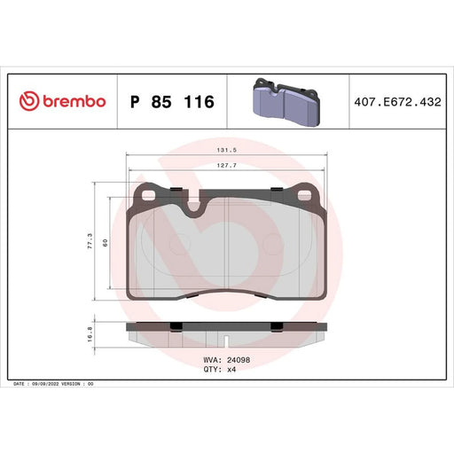 Brembo 4 x Front Brake Pad Set P85116