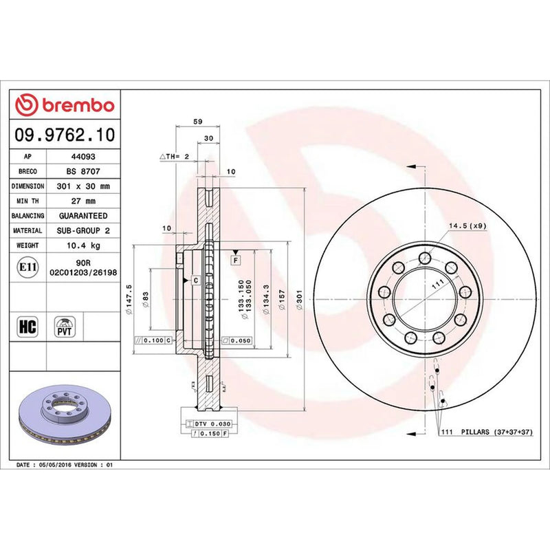 Brembo 2 x Internally Vented Front Brake Discs 09.9762.10