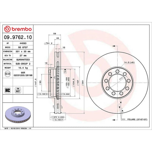 Brembo 2 x Internally Vented Front Brake Discs 09.9762.10