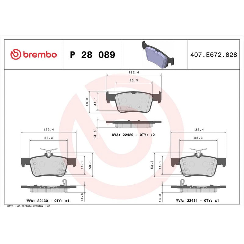 Brembo 4 x Rear Brake Pad Set P28089