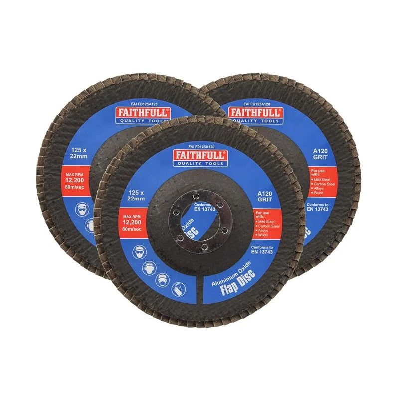 Faithfull Aluminium Oxide Flap Disc 125 x 22mm 120 Grit (3 Pack) - FAIFD12512A3