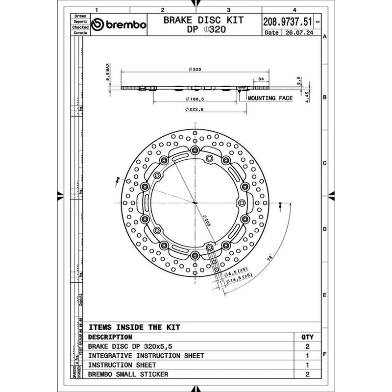 Brembo 2 x Floating Front Brake Disc Brake Discs 208973751