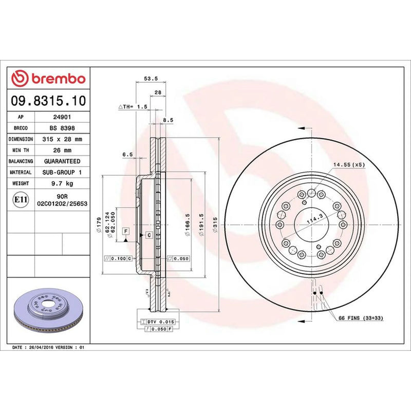 Brembo 2 x Internally Vented Front Brake Discs 09.8315.10