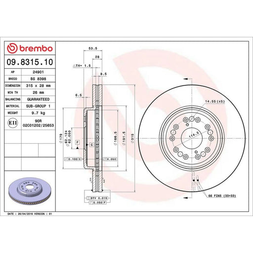 Brembo 2 x Internally Vented Front Brake Discs 09.8315.10