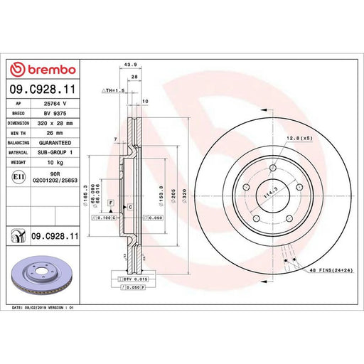 Brembo 2 x Internally Vented Front Brake Discs 09.C928.11