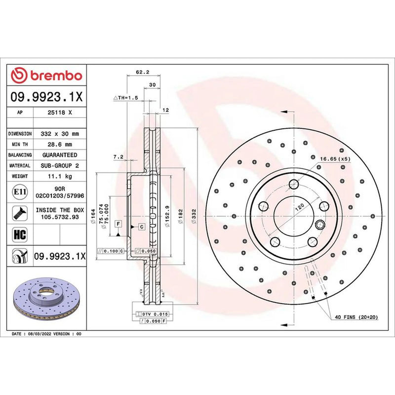 Brembo Xtra 2 x Perforated/Vented Front Brake Discs 09.9923.1X
