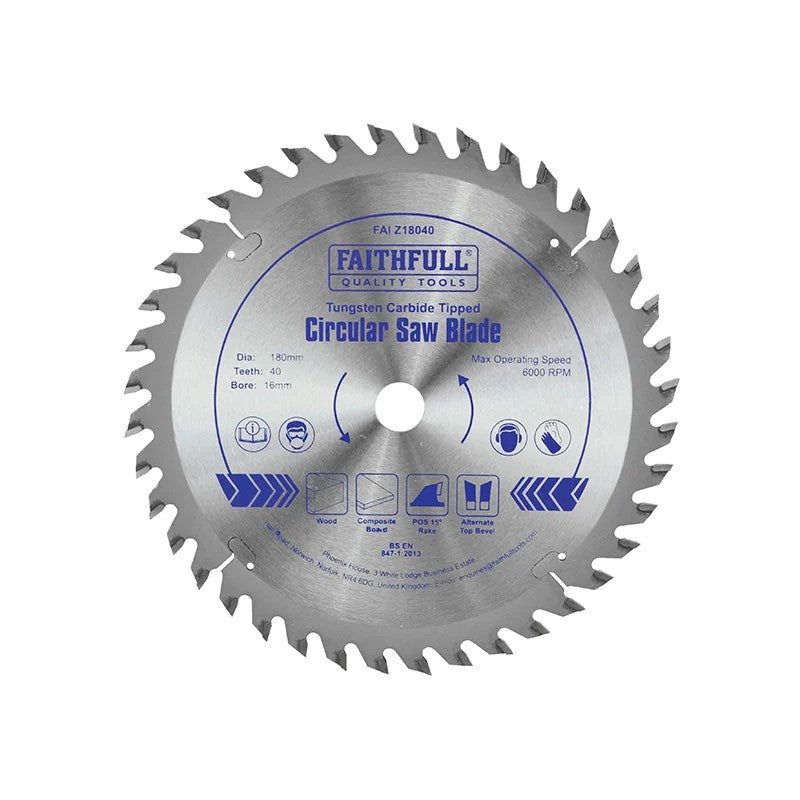 Faithfull TCT Circular Saw Blade 180 x 40T POS 16-30mm