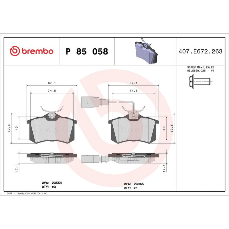 Brembo 4 x Rear Brake Pad Set P85058