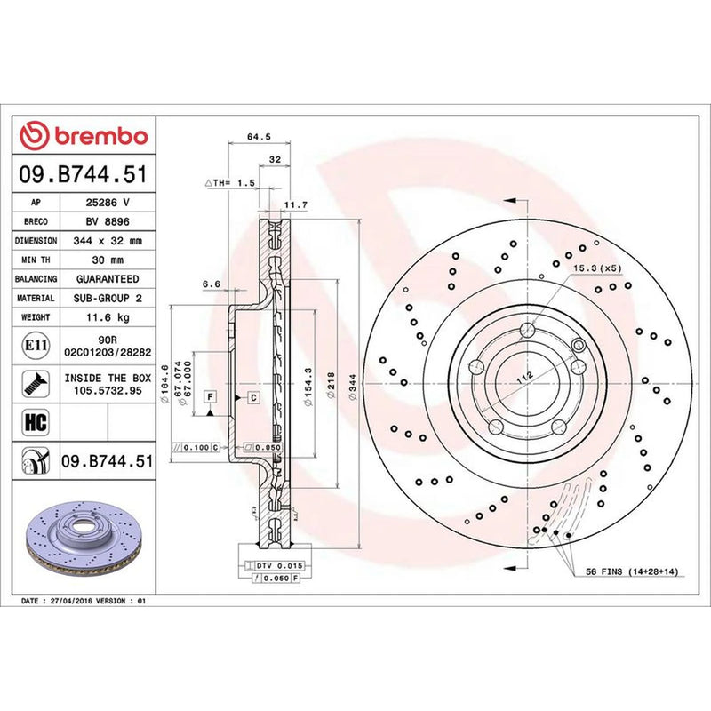 Brembo 2 x Perforated/Vented Front Brake Discs 09.B744.51