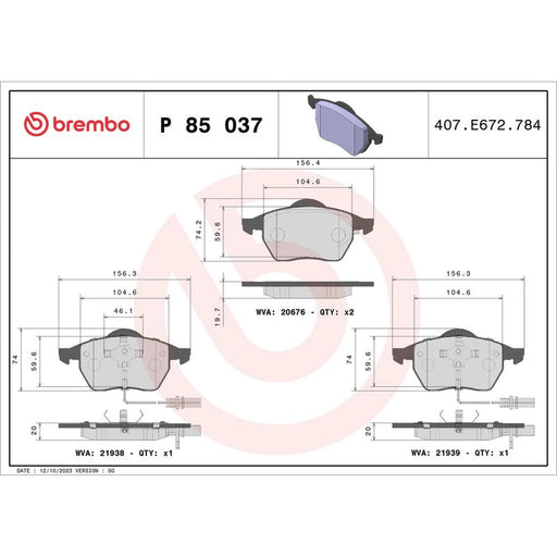 Brembo 4 x Front Brake Pad Set P85037