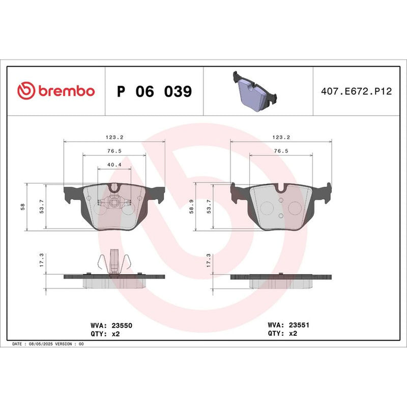 Brembo 4 x Rear Brake Pad Set P06039