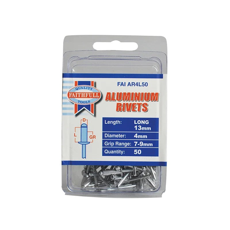 Faithfull Aluminium Rivets 4 x 13mm Long Pre-Pack of 50 - FAIAR4L50