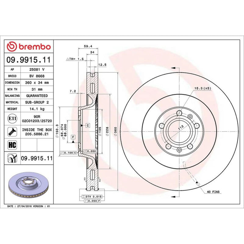 Brembo 2 x Front Brake Discs 09.9915.11