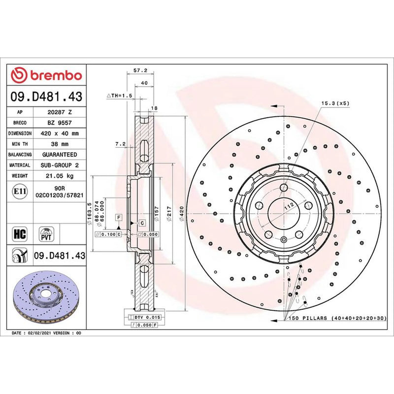 Brembo 2 x Aluminium Front Brake Disc Hub Brake Discs 09.D481.43