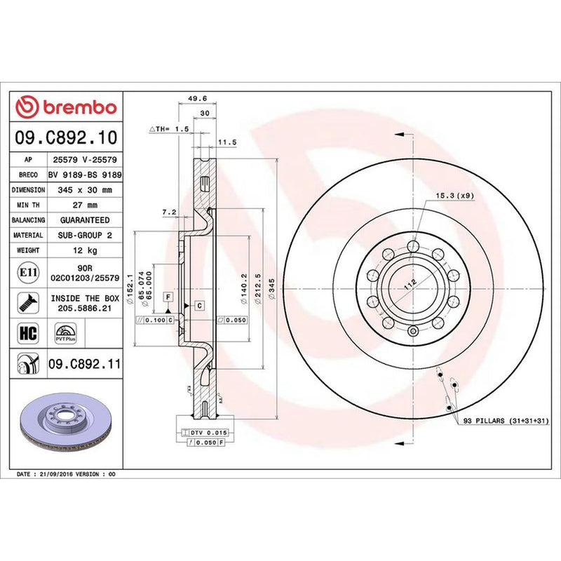 Brembo 2 x Front Brake Discs 09.C892.11