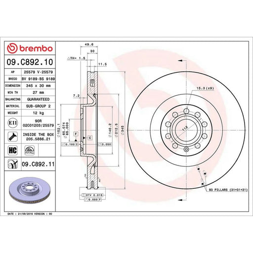 Brembo 2 x Front Brake Discs 09.C892.11