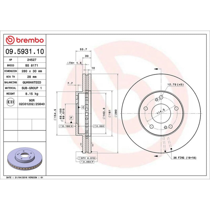 Brembo 2 x Internally Vented Front Brake Discs 09.5931.10