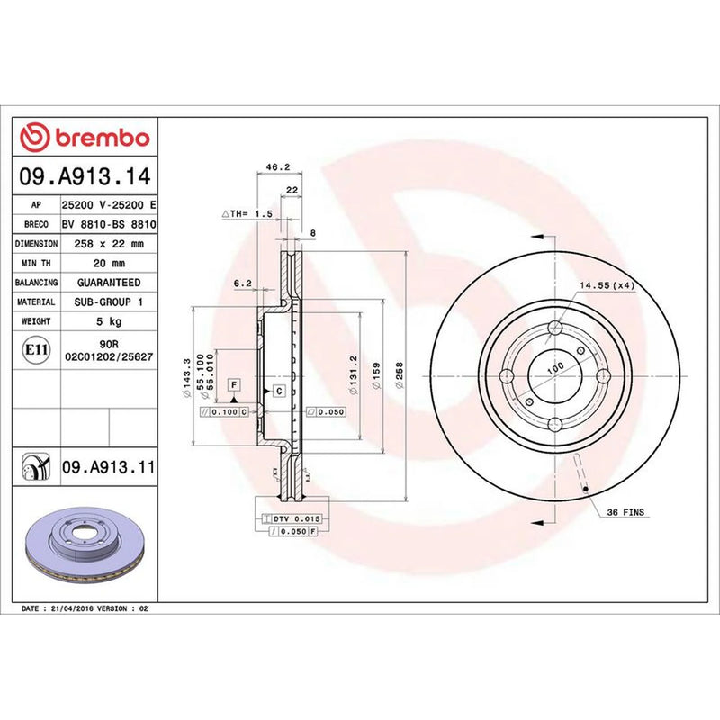 Brembo 2 x Internally Vented Front Brake Discs 09.A913.11