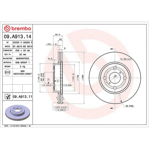 Brembo 2 x Internally Vented Front Brake Discs 09.A913.11
