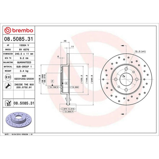 Brembo 2 x Perforated Rear Brake Discs 08.5085.31