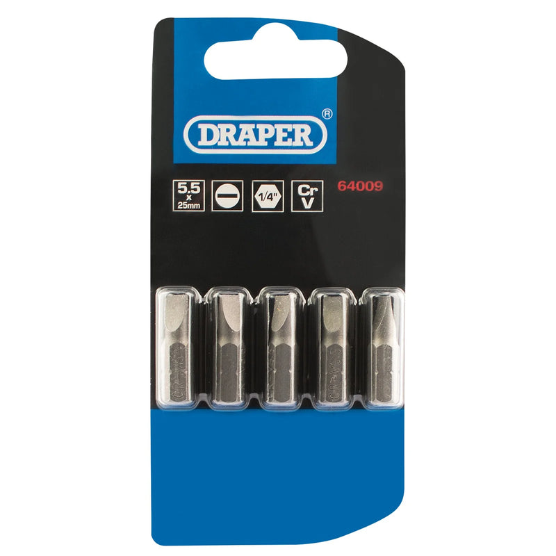 Draper Plain Slot Insert Bit, 1/4" Hex, 25mm Long (Pack of 5)
