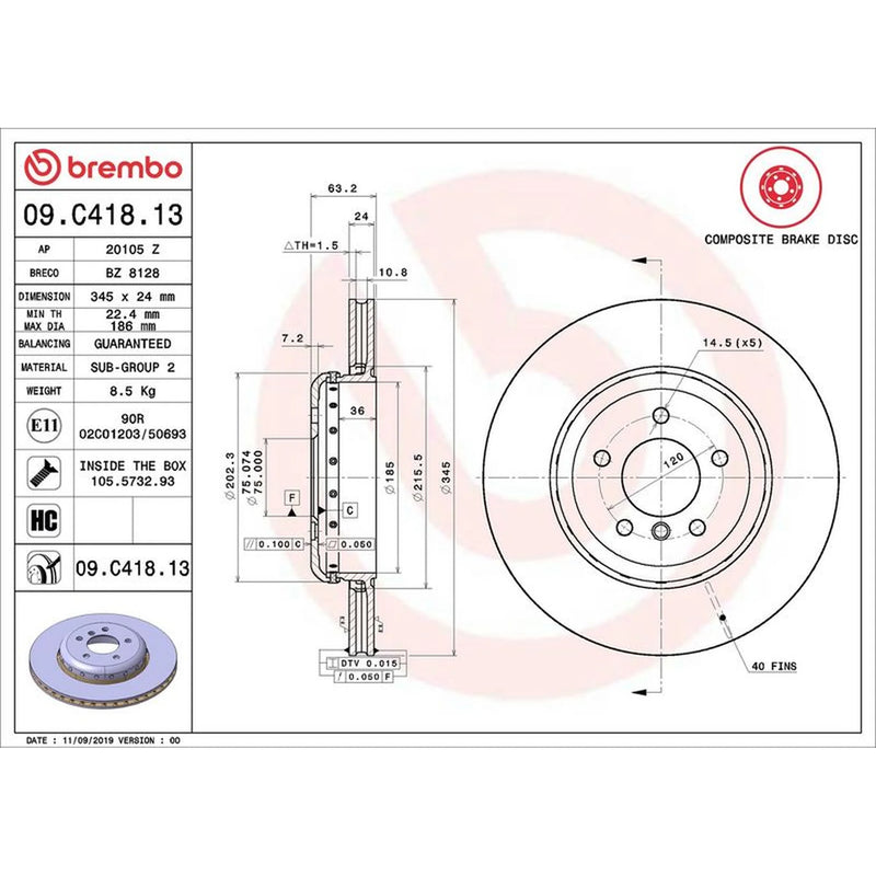 Brembo 2 x Aluminium Rear Brake Disc Hub Brake Discs 09.C418.13