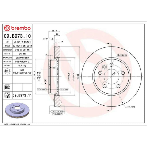 Brembo 2 x Internally Vented Front Brake Discs 09.B973.11