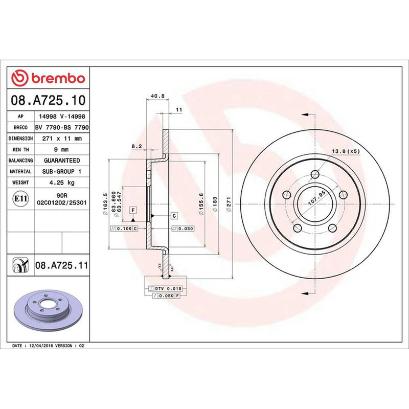 Brembo 2 x Solid Rear Brake Discs 08.A725.11