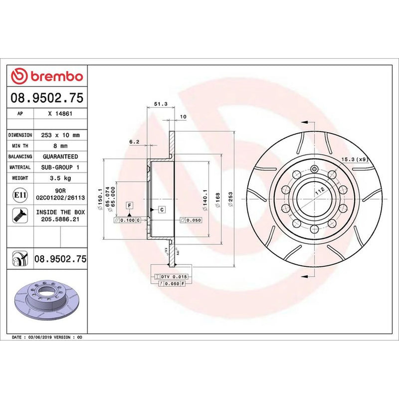 Brembo 2 x Slotted Rear Brake Discs 08.9502.75