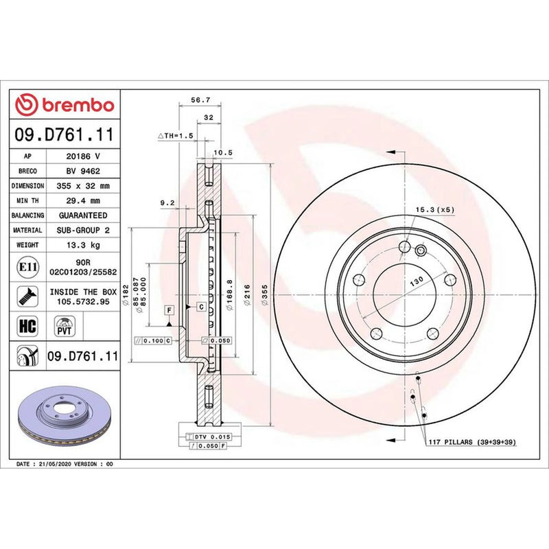 Brembo 2 x Internally Vented Front Brake Discs 09.D761.11